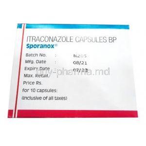 Sporanox, Itraconazole 100mg, Cupsule, Johnson & Johnson, Box side view information, Batch no.