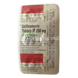 Azimax 250, Azithromycin 250mg, Blisterpack informaiton (Year 2021)