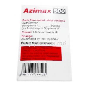 Azimax 500, Azithromycin 500mg, Box information, Dosage, Caution