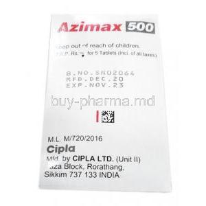 Azimax 500, Azithromycin 500mg, Box information, Mfg date, Exp date