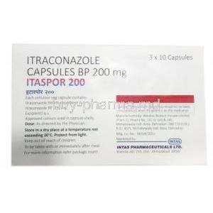 Itaspor, Itraconazole 200mg, Intas Pharma, Box information, Dosage, Storage