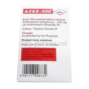 Azee, Azithromycin 500mg, Cipla, Box information, Caution, Dosage