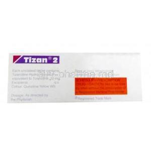 Tizan 2, Tizanidine 2mg, Sun Pharma, Box information, Storage, Contents