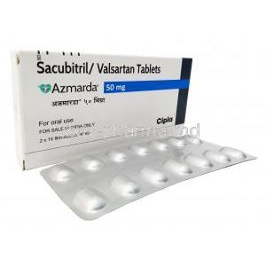 Azmarda 50mg, Sacubitril 24mg/ Valsartan 26mg, Cipla, Box front view, Blisterpack