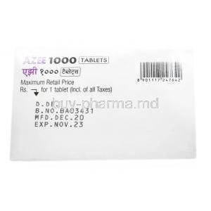 Azee, Azithromycin 1000mg, Cipla, Box side information, Mfg date, Exp date