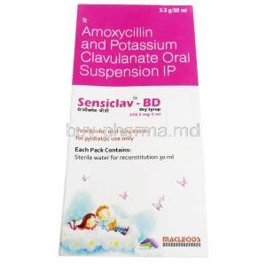 Sensiclav-BD Dry Syrup,Amoxicillin 200mg, Clavulanic Acid 28.5mg per  5ml, 30ml, Macleods Pharma, Box front view