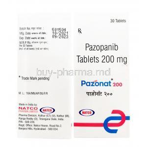 Pazonat, Pazopanib 200mg, 30tablets,Natco Pharma, Box information