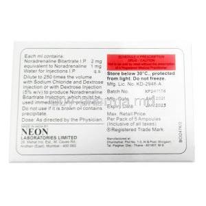 Norad Injection, Norepinephrine 2mg, 2ml X 5 ampoules, Neon Laboratories, Box information