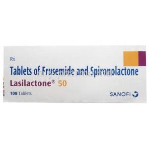 Lasilactone, Furosemide 20mg/ Spironolactone 50mg, Sanofi India, Box side view (100tabs)