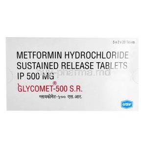 Glycomet 500 S.R, Metformin 500mg, USV, Box front view