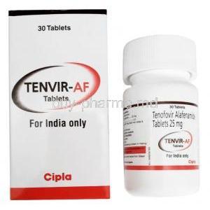 Tenvir AF, Tenofovir Alafenamide 25 mg, Cipla, Box and bottle front view