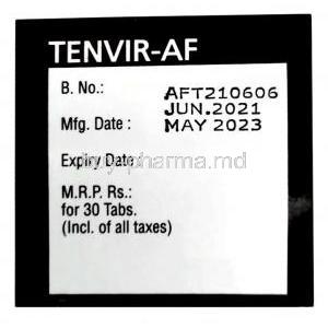 Tenvir AF, Tenofovir Alafenamide 25 mg, Cipla, Box information, Mfg date, Exp date