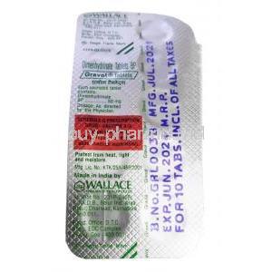 Gravol, Dimenhydrinate 50 mg, Wallace Pharma, Blisterpack information, Mfg date, Exp date