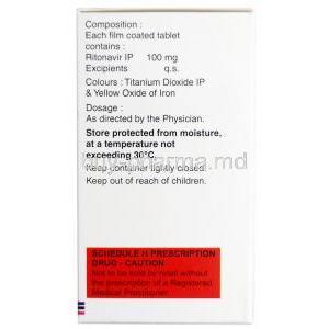 Empetus, Ritonavir 100mg, 30tabs bottle, Emcure Pharmaceuticals Ltd, Box information, Dosage, Storage, Caution