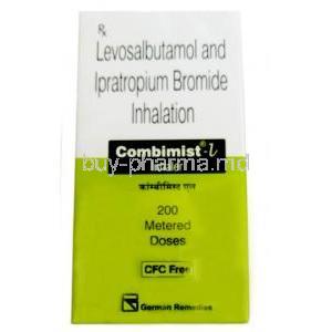 Combimist-L Inhaler, Levosalbutamol 50mcg and Ipratropium 20mcg, 200 MD, German Remedies, Box front view