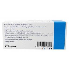 Betaserc, Betahistine 16mg, Abbott, Box information, Dosage
