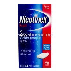 Nicotinell  medicated chewing gum, Nicotine polacrilin 2mg Fruits Flavor 96 Gums, GSK, Box front view
