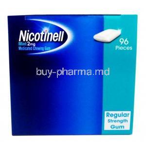 Nicotinell  medicated chewing gum, Nicotine polacrilin 2mg Mint Flavor 96 Gums, GSK, Box side view