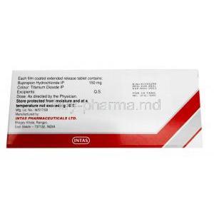 Zupion-SR, Bupropion 150 mg, Intas Pharma, Box information