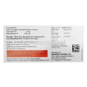 Bandy Plus, Albendazole 400mg, Ivermectin 6mg, Mankind Pharma, Box information, Mfg date, Exp date, Storage composition