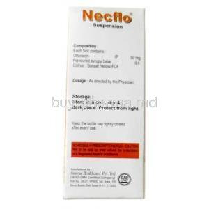 Necflo Oral Suspension, Ofloxacin 50mg per 5ml, Oral Solution 30ml, Nectar Biopharma Pvt Ltd, Box information, Composition, Storage