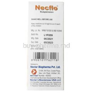 Necflo Oral Suspension, Ofloxacin 50mg per 5ml, Oral Solution 30ml, Nectar Biopharma Pvt Ltd, Box information, Mfg date, Exp date, Manufacturer