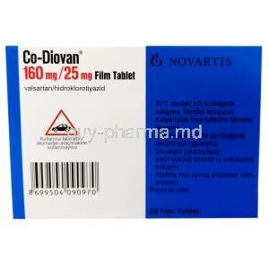 Co-Diovan, Valsartan 160mg/Hydrochlorothiazide 25mg, Novartis, Box information storage, caution