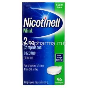 Nicotinell  medicated Lozenges, Nicotine polacrilin 2mg Mint Flavor  96 Lozenges, GSK, Box front view