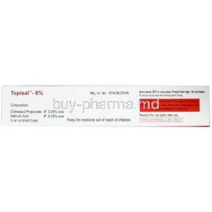 Topisal Ointment, Clobetasol 0.05% w/w / Salicylic Acid  6% w/w, 30g,  Systopic Laboratories Pvt Ltd,  Box information, Contents, Storage