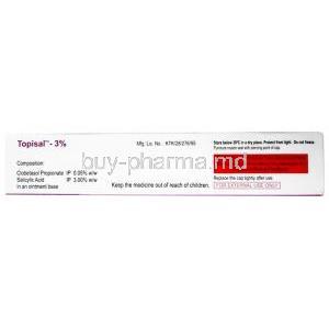 Topisal Ointment, Clobetasol 0.05% w/w / Salicylic Acid 3% w/w, 30g, Systopic Laboratories Pvt Ltd, Box information,Contents, Storage