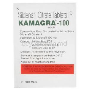 Kamagra Gold 100, Sildenafil 100mg, Ajanta Pharma, Box information, Dosage, Storage