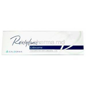 Restylane,Hyaluronic acid  20mg / Lidcaine 3mg per ml, Injectable gel 1ml,Galderma,Box front view