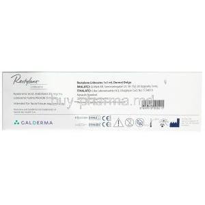 Restylane,Hyaluronic acid  20mg / Lidcaine 3mg per ml, Injectable gel 1ml,Galderma,Box information, composition, manufacturer