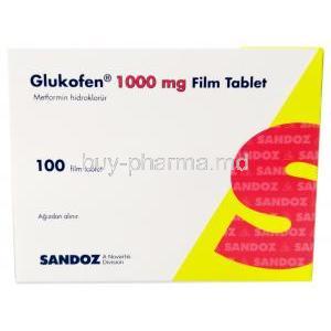 Glukofen, Metformin 1,000 mg, Sandoz, Box front view