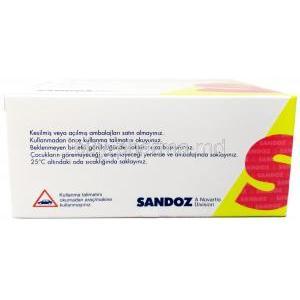 Glukofen, Metformin 1,000 mg, 100tabs(10sheets), Sandoz, Box, side view information, storage, caution