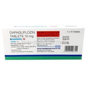 Dapavel, Dapagliflozin 10mg, Intas Pharmaceuticals, Box information, Dosage, Caution, Storage, Manufacturer