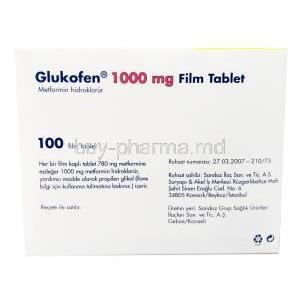 Glukofen, Metformin 1,000 mg, Sandoz, Box information, Manufacturer