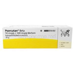 Psorcutan Beta Ointment, Calcipotriol 0.05mg/g/ Betamethasone 0.5mg/g, 30g, Intendis, Box top view