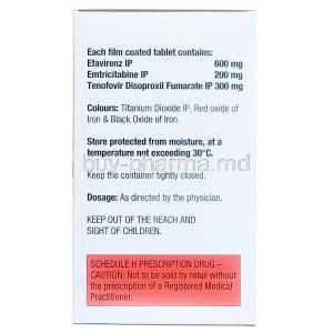 Teevir,Emtricitabine 200mg/ Tenofovir disoproxil fumarate 300mg/ Efavirenz 600mg, Mylan Pharma, Box information