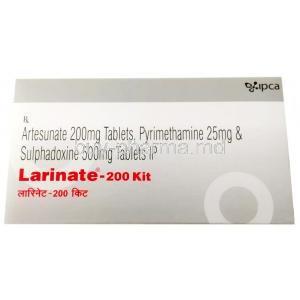 Larinate Kit, Artesunate 200mg x 3 tabs, Pyrimethamine 25mg and Sulphadoxine 500mg x 3 tabs, Ipca Laboratories Ltd, Box front view