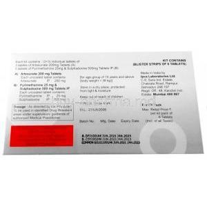 Larinate Kit, Artesunate 200mg x 3 tabs, Pyrimethamine 25mg and Sulphadoxine 500mg x 3 tabs, Ipca Laboratories Ltd, Box information