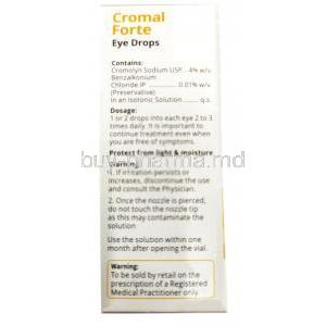 Cromal Forte Eye Drop, Sodium Cromoglycate 4% / Benzalkonium 0.01%w/v, 5ml, CIPLA, Box information