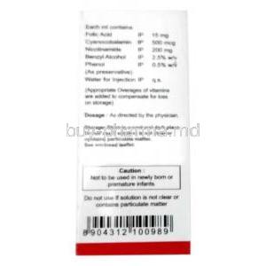 Unifol Injection, Folic Acid 15 mcg/ Cyanocobalamin 500 mcg, 10 ml, Sanofi India, Box information, Dosage, Caution