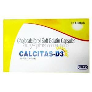Calcitas D3, Cholecalciferol 60,000 iu, Capsules, Intas, Box front view