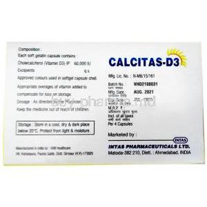 Calcitas D3, Cholecalciferol 60,000 iu, Capsules, Intas, Box information