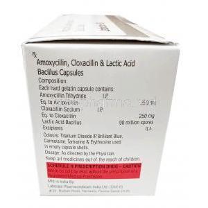 Laboclox LB, Amoxycillin 250mg,Cloxacillin 250mg, Lactobacillus 90 Million Spores, GPP, Box  information, caution