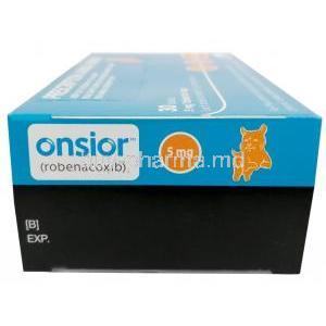 Onsior for Dogs, Robenacoxib 5mg, Elanco Australia Pty Ltd, Box side view information, Dosage