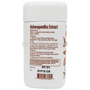 Ashwagandha Extract, 500mg, 60caps,Gurusolve Naturals Inc., Bottle information, direction for use