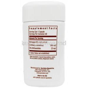 Ashwagandha Extract, 500mg, 60caps,Gurusolve Naturals Inc., Bottle information, composition