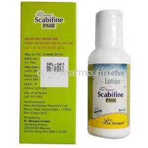 Scabifine Lotion, Permethrin 5%wv, 50ml, Dr.Morepen Ltd, Box information, Mfg date, Exp date , Bottle